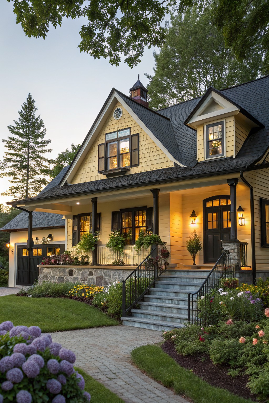 A two-story yellow clapboard house with black shutters, dark shingle roof, covered porch with columns, black front door, stone garage, concrete steps, flower beds, and a brick pathway in a front yard at dusk.