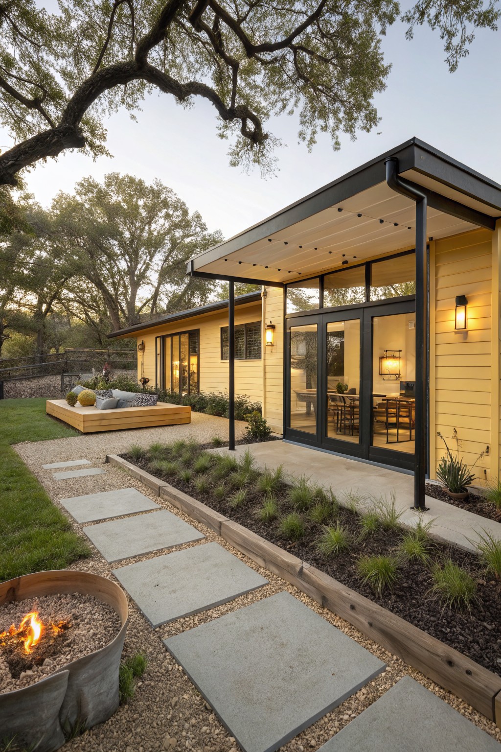 A mustard-yellow house exterior with black metal-framed glass doors and windows, a covered entry porch, concrete pathway, raised wooden platform with cushions, metal fire pit, and landscaped borders under large oak trees.