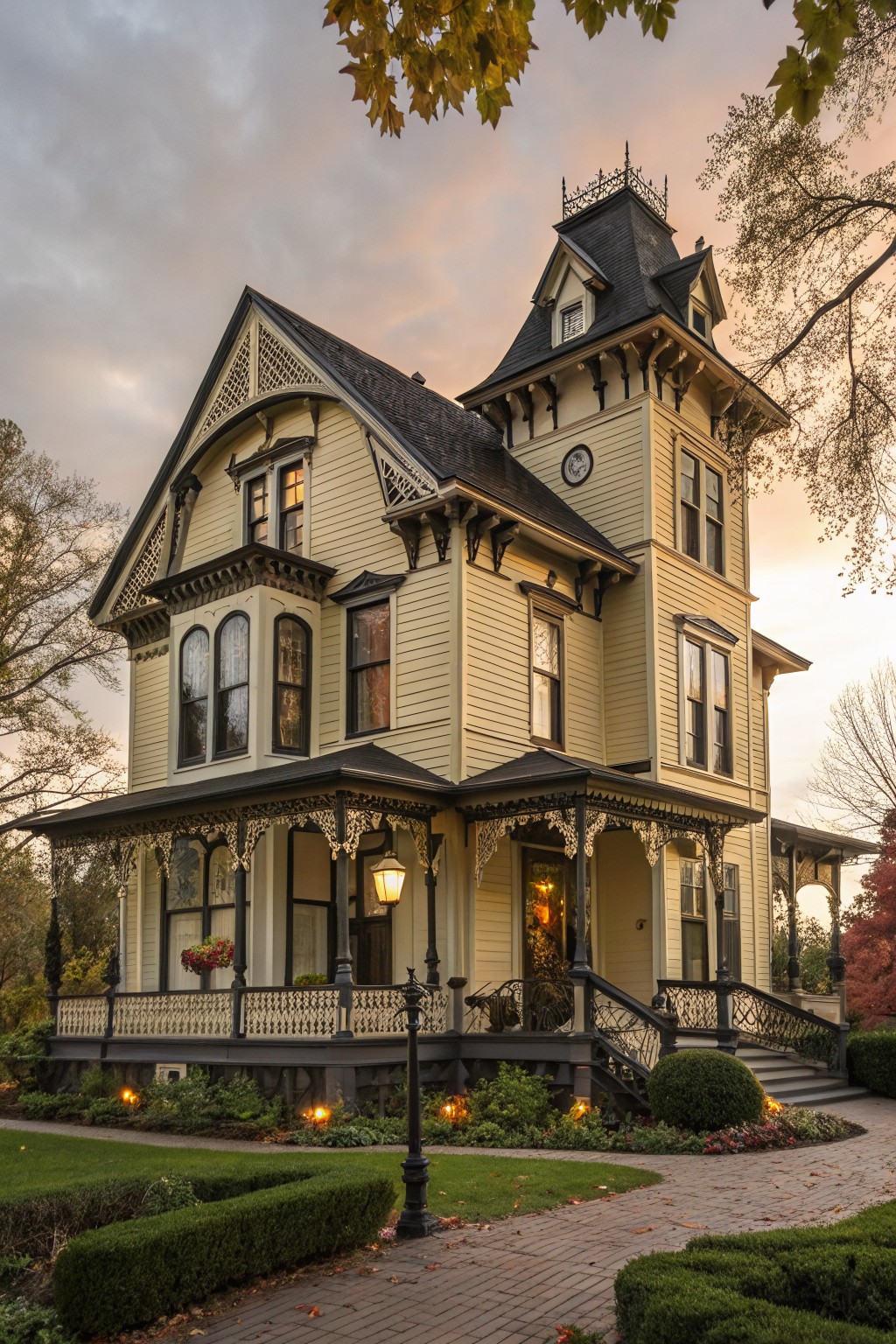 Pale yellow Victorian house with black trim, turret, wraparound porch, gas lamps, and landscaped yard with brick path at sunset.