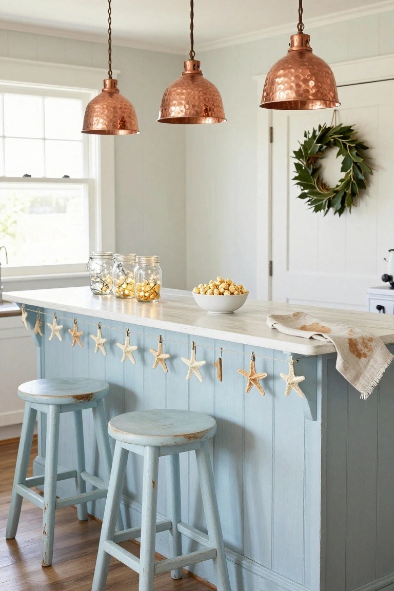 Kitchen island with light blue paneled cabinetry, white quartz countertop, beige starfish garland hanging from clips along the edge, three glass jars filled with fairy lights, white bowl of popcorn, copper pendant lights overhead, two blue stools, and window and door in background.