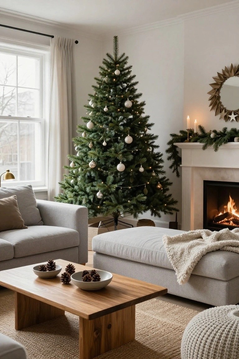 A living room featuring a lit Christmas tree with white ornaments and string lights next to a window, neutral gray sofas, a wooden coffee table with pinecones, a fireplace with garland and candles, and a white pouf on a seagrass rug.