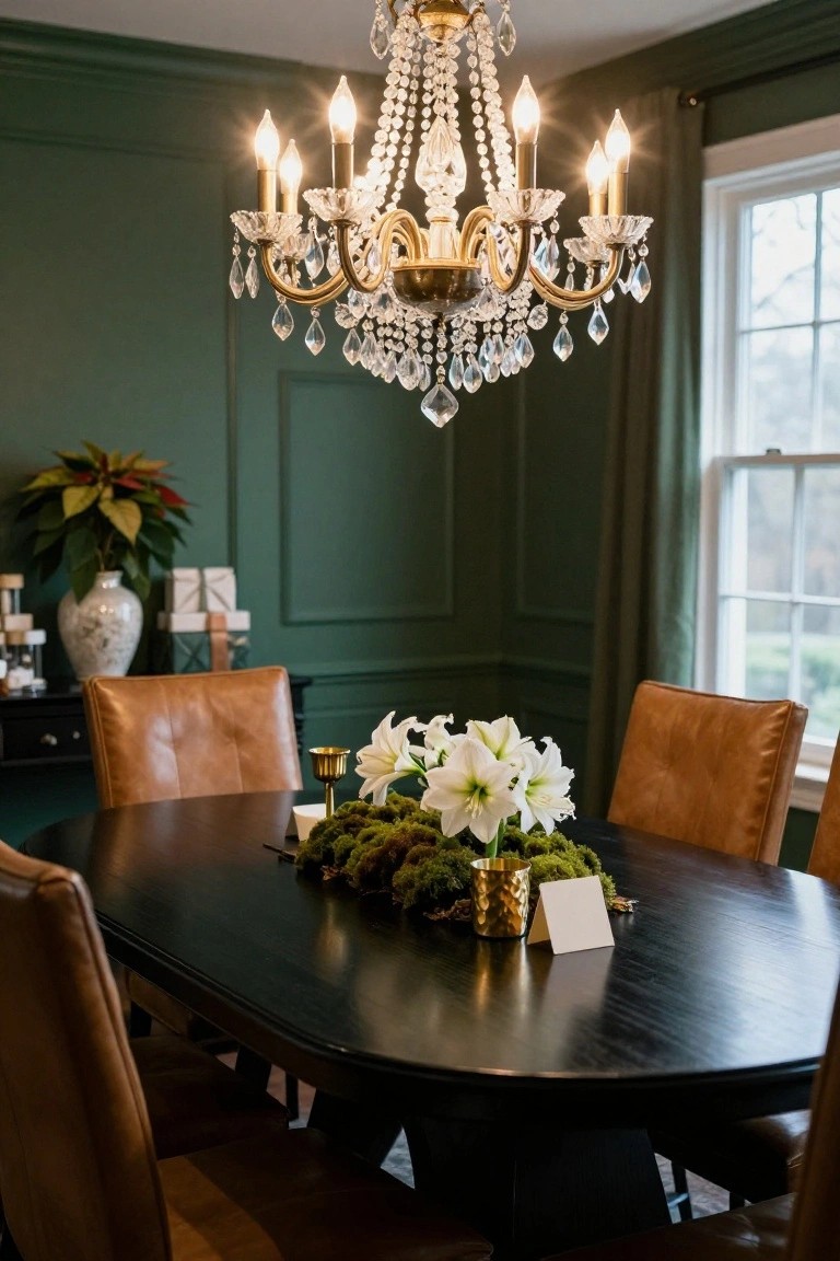 Formal dining room with emerald green paneled walls, sparkling gold crystal chandelier, oval black wood table topped with white lilies moss and gold accents, tan leather chairs, poinsettia plant, and sideboard with wrapped gifts.