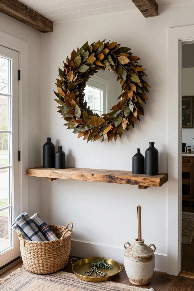 White entryway corner featuring a floating reclaimed wood shelf with two black ceramic vases, a round mirror framed by a large magnolia leaf wreath, a seagrass basket holding plaid blankets on the floor, and a white terracotta pot nearby.