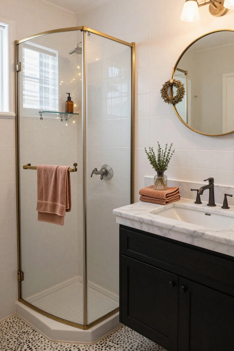 Gold-framed corner glass shower enclosure in a white tiled bathroom with fairy lights and lotion bottle on a glass shelf inside, peach towels on a gold towel bar, marble-top vanity with black cabinets and stacked peach towels, round gold mirror with dried wreath hanging from it, potted eucalyptus plant, and brass faucet.
