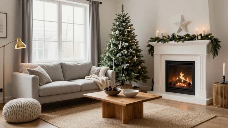 A living room featuring a lit Christmas tree with white ornaments and string lights next to a window, neutral gray sofas, a wooden coffee table with pinecones, a fireplace with garland and candles, and a white pouf on a seagrass rug.