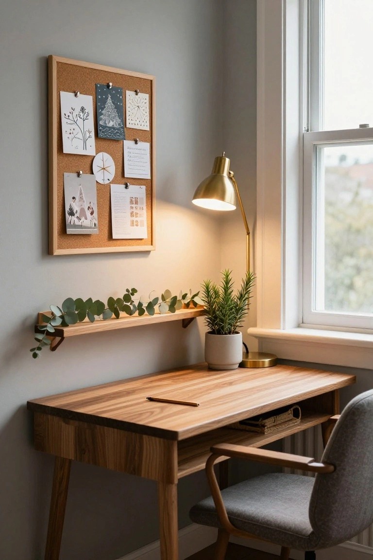 Wooden desk and gray chair in a light gray room corner, with corkboard above displaying pinned Christmas cards, drawings, and notes, gold arc lamp lit, eucalyptus on wall shelf, potted plant, and window.