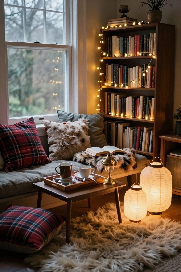 Cozy window bench seating area with gray cushions and plaid pillows, wooden bookshelves wrapped in string lights, open book and tea tray on low table, paper lanterns, and shaggy rug on wood floor.