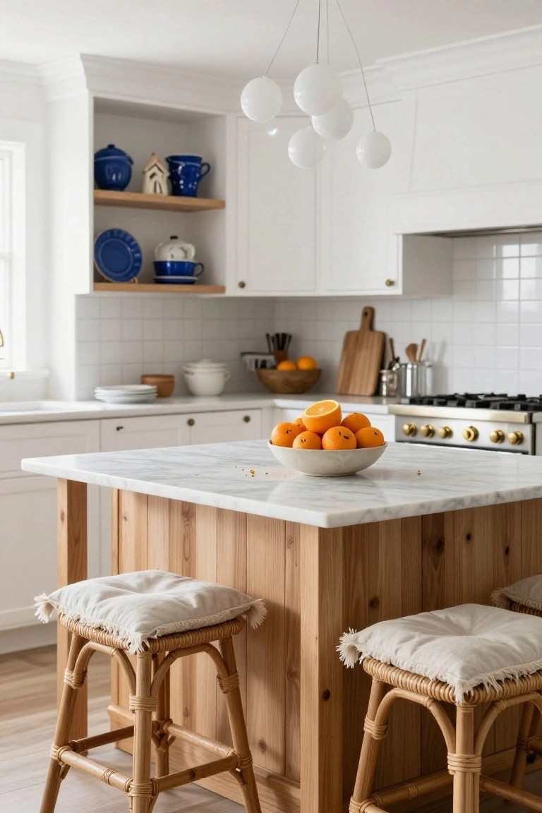 White kitchen with marble island on wooden legs, rattan barstools with white fringed cushions, large white bowl of oranges on the island countertop, blue ceramics on open shelves, white subway tile backsplash, and cluster of white globe pendant lights overhead.