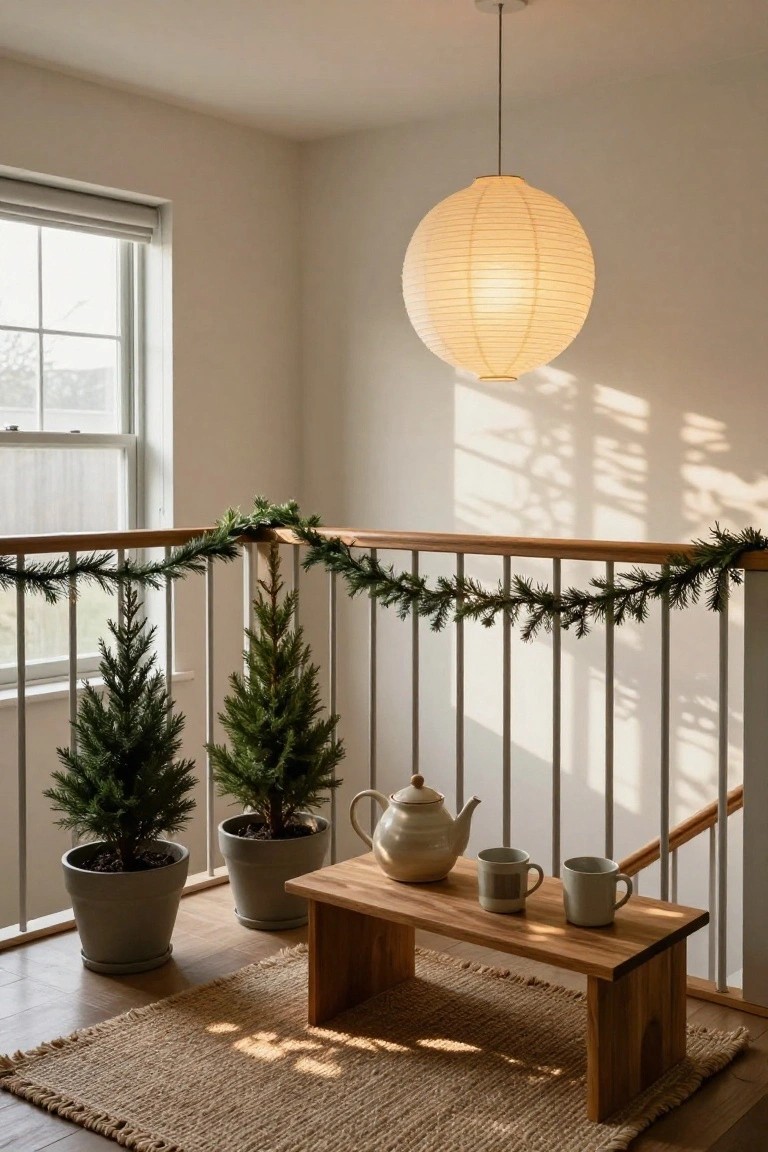 Indoor staircase landing with wooden railings draped in evergreen garland, two small potted Christmas trees in gray pots on either side, a wooden bench holding a ceramic teapot and two cups, under a hanging white paper lantern, with natural light from a nearby window.