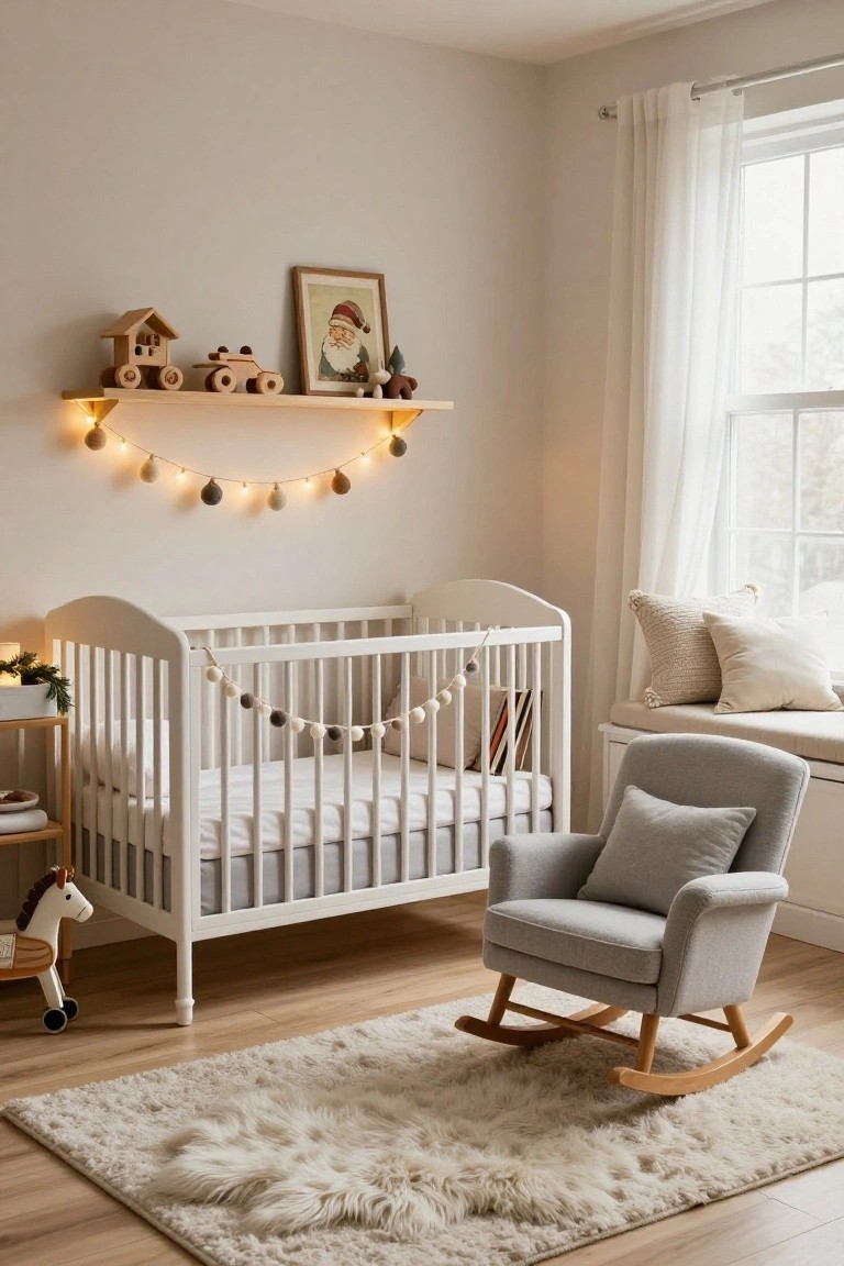 A light beige nursery with white crib featuring a beaded garland, wooden toys including a horse and train on a shelf with warm string lights, gray rocking chair, and sheer window curtains.