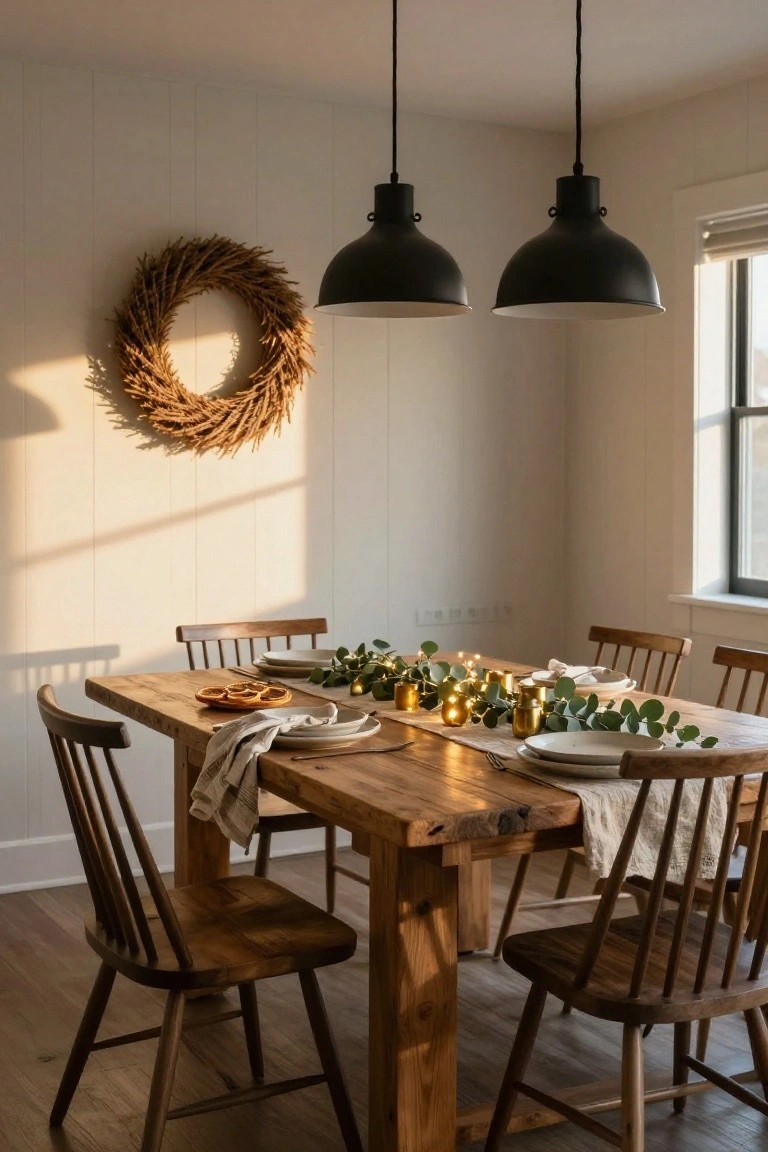 Dining room with white shiplap walls and wooden table set with eucalyptus garland runner strung with fairy lights and gold candles, white plates, linen napkins, wheat wreath on wall, black pendant lights overhead.