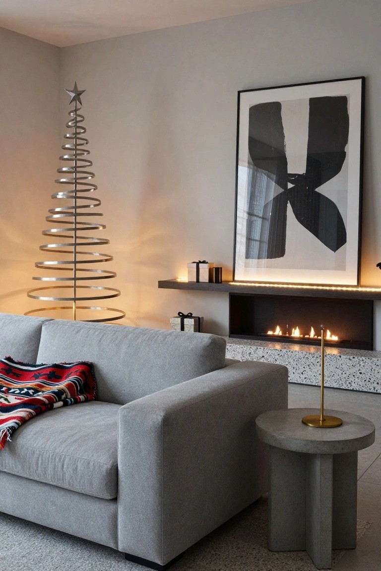 Contemporary living room interior with tall illuminated spiral metal Christmas tree in corner, gray L-shaped sofa with red and multicolored blanket, concrete side table with gold lamp, gas fireplace, floating wood shelf with candles and gifts, and large black and white abstract painting on wall.