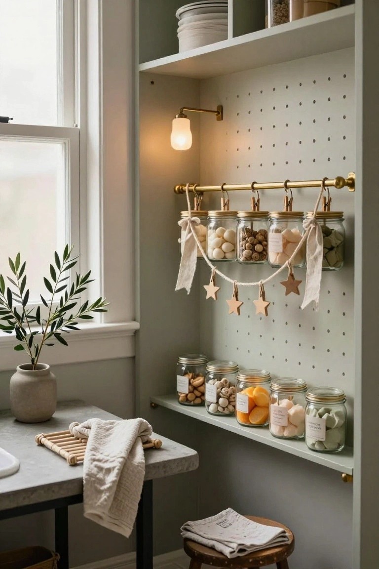 Kitchen corner with sage green pegboard wall holding a gold rail from which glass jars of nuts, candies, mushrooms, orange slices, and white treats hang via clips, decorated with white ribbon garland and wooden stars, plus a wall lamp, olive plant, sink, and wooden stool.