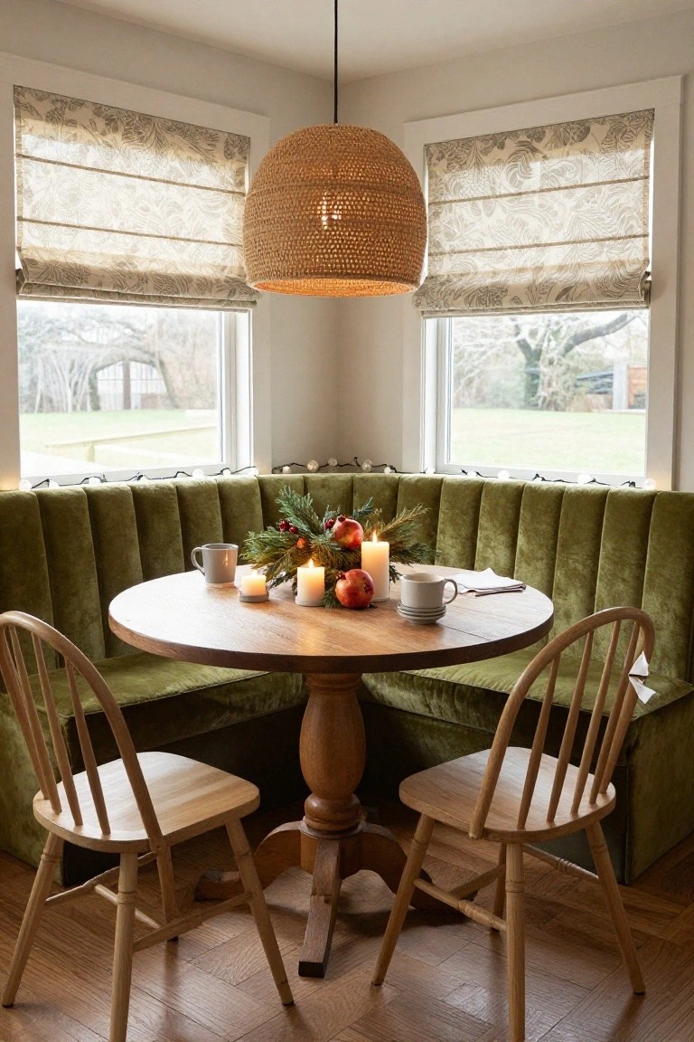 Corner green velvet tufted banquette seating around a wooden pedestal table in a light-filled kitchen nook, decorated with evergreen garland, red apples, white candles, and teacups, under a woven rattan pendant light with sheer roman shades on triple windows overlooking a winter yard.