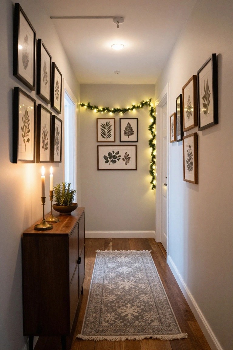Narrow hallway with black-framed botanical leaf prints on walls, green garland strung with white fairy lights along one wall, wooden console table holding brass candlesticks and potted rosemary, gray patterned runner rug on hardwood floors, white doors at ends.