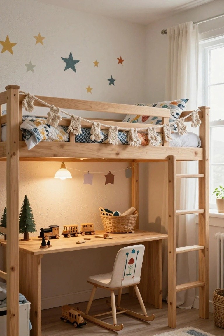Wooden bunk bed with desk space underneath in a child's bedroom, featuring small Christmas trees, wooden toy trains on the desk, macrame garland above the bed, and a warm pendant lamp.