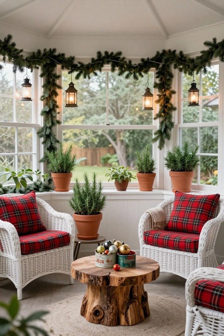 Sunroom with two white wicker chairs in red plaid cushions facing a tree stump table holding gold Christmas ornaments and greenery, potted rosemary plants on windowsills and side tables, evergreen garlands draping windows, and hanging lanterns.