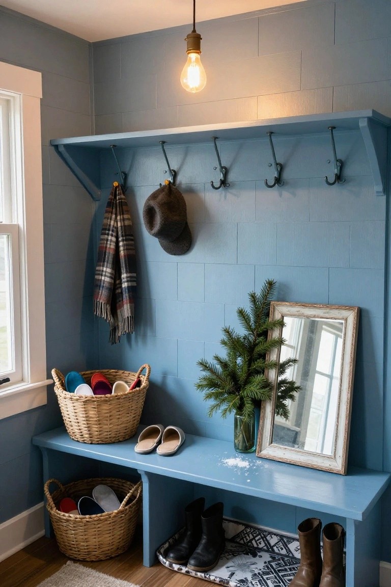 Blue painted mudroom bench with wicker baskets of shoes and slippers, coat hooks holding scarf and hat, small potted fir branch next to a mirror, boots on a mat, and faux snow on the bench surface.