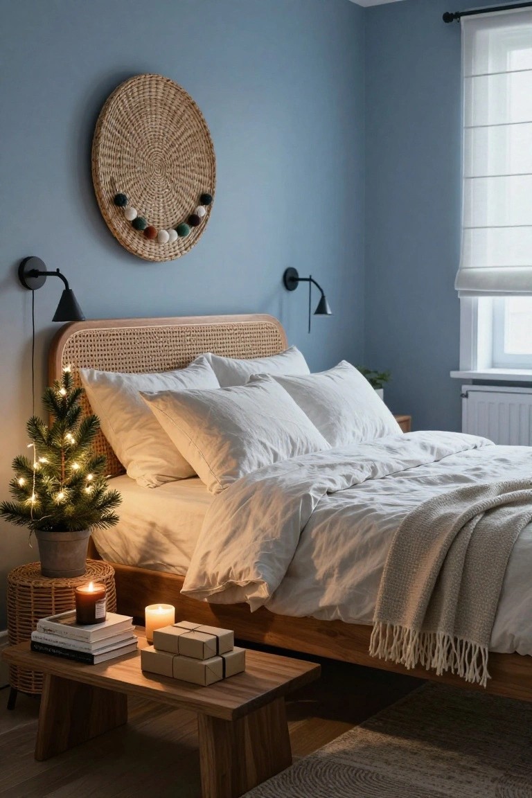 Blue bedroom with rattan headboard bed draped in white linens and throw, small lit potted Christmas tree on wooden stool next to bed with candles and books, woven wall hanging, and black sconces.