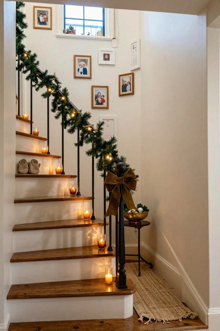 Wooden staircase with white risers and black metal railing wrapped in evergreen garland and string lights, amber candles on steps, framed family photos on walls, large bronze bow on newel post, and small table with bowl at base.