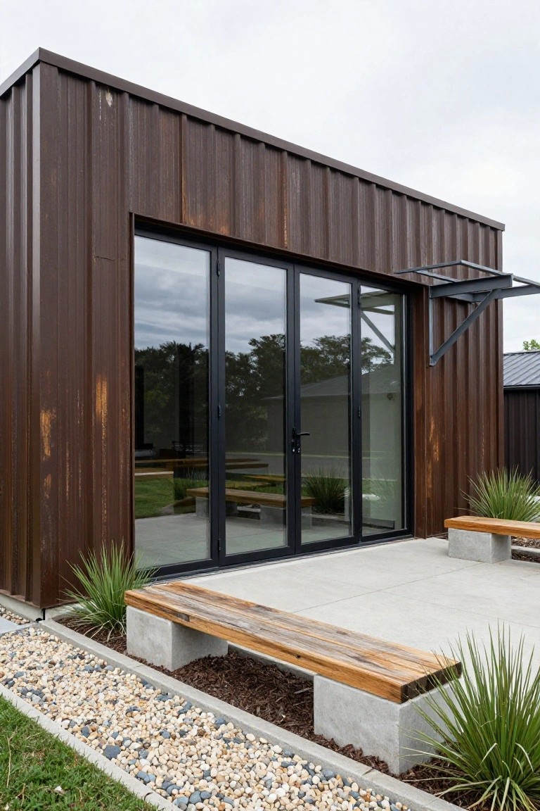 Small modern structure with brown corrugated metal siding, black-framed sliding glass doors, concrete benches on a patio, gravel edging, and grasses in a yard setting.
