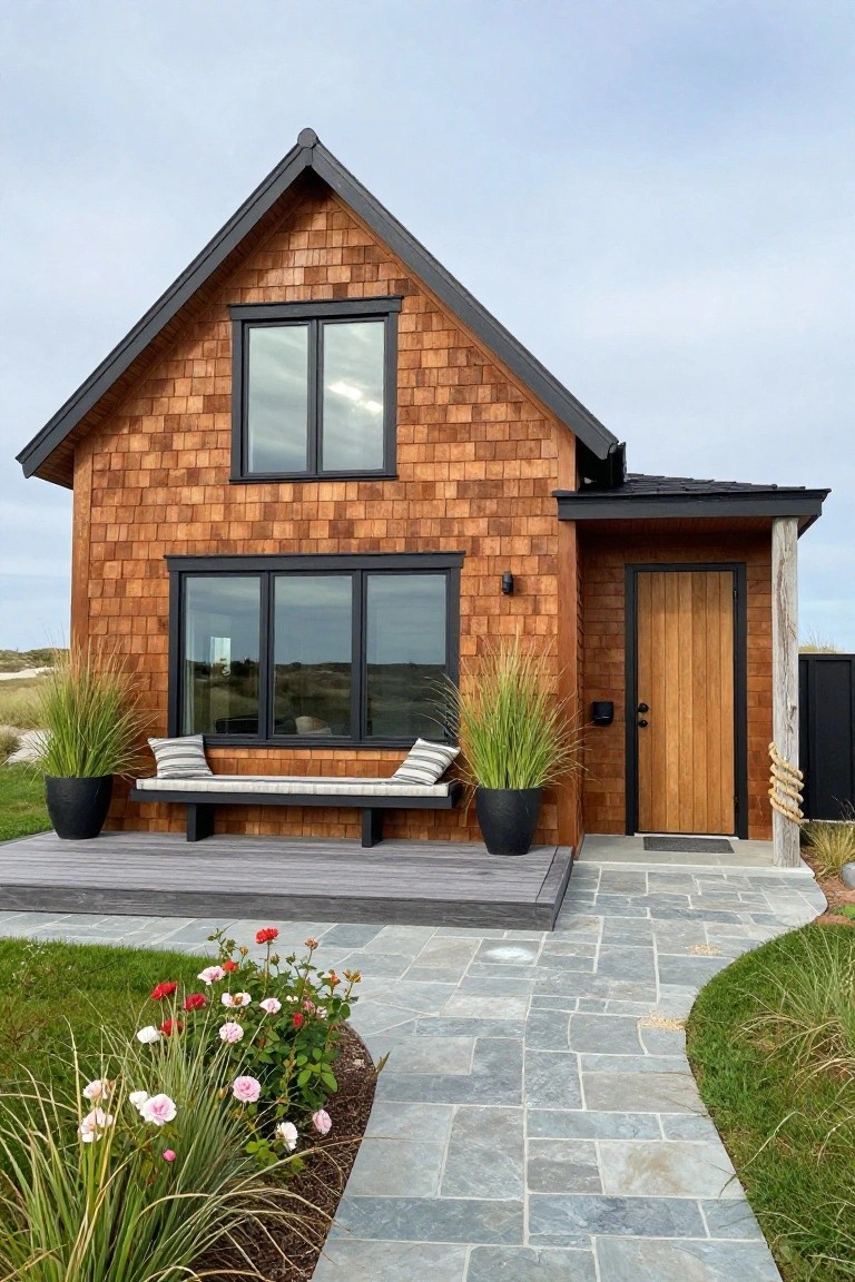 Small cottage-style house with warm brown horizontal shingle siding, black-trimmed windows, wooden front door under a covered entry porch with bench and potted grasses, stone pathway, and surrounding lawn with flowers and ornamental grasses.