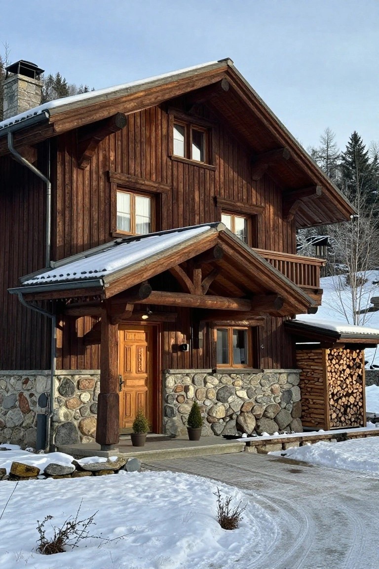 Two-story chalet house with dark brown vertical wood siding, gray stone foundation, wooden front door, balcony, and snow on the ground and roof in a mountainous setting.