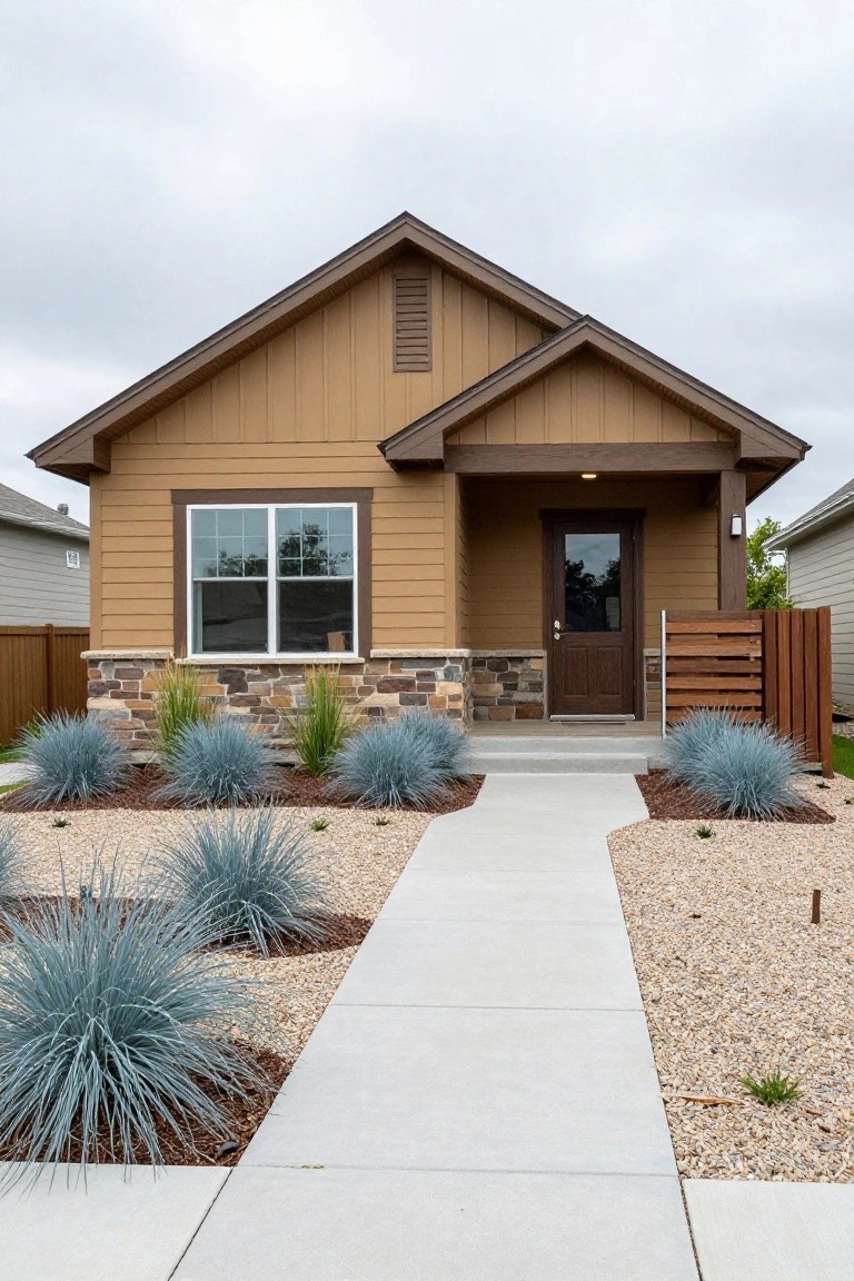 Single-story house with tan-brown vertical siding, stone veneer base, gabled roof, large side window, covered front porch with dark wood door, flanked by gravel yard and blue agave plants along a concrete walkway.