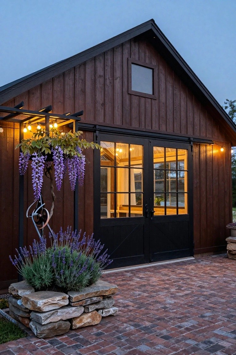 Dark brown wooden barn-style building with gabled roof, black sliding barn doors, small upper window, purple wisteria hanging from a metal pergola with string lights, lavender in a stone planter, and brick paver patio at dusk.