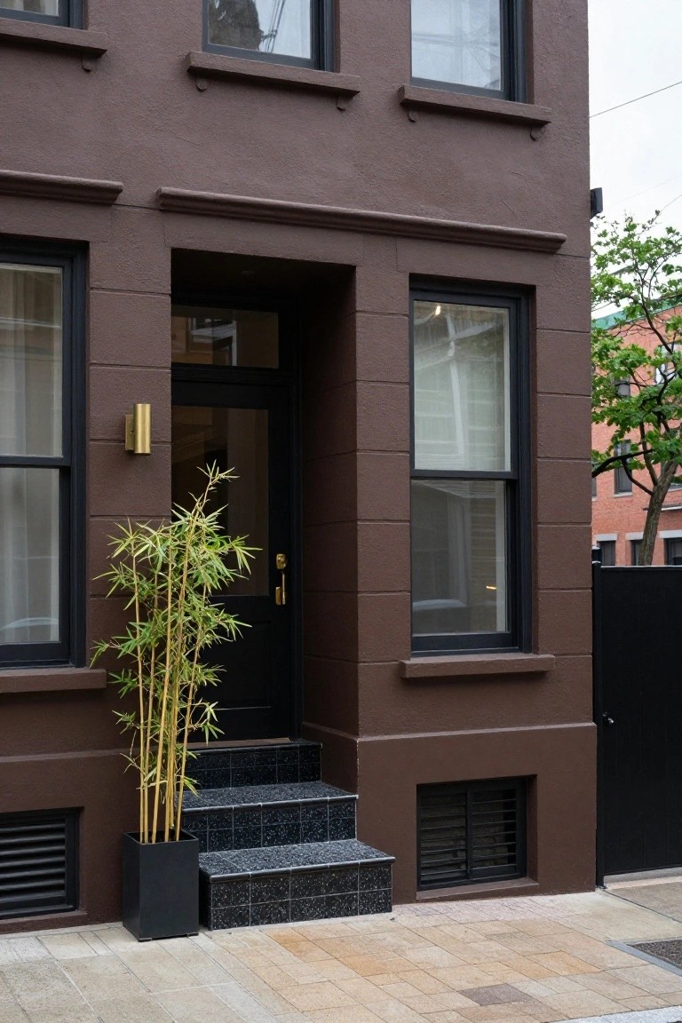 Three-story brown painted townhouse exterior with black-framed windows, black front door, gold wall light, potted bamboo plant beside black granite steps, and adjacent black fence and trees.