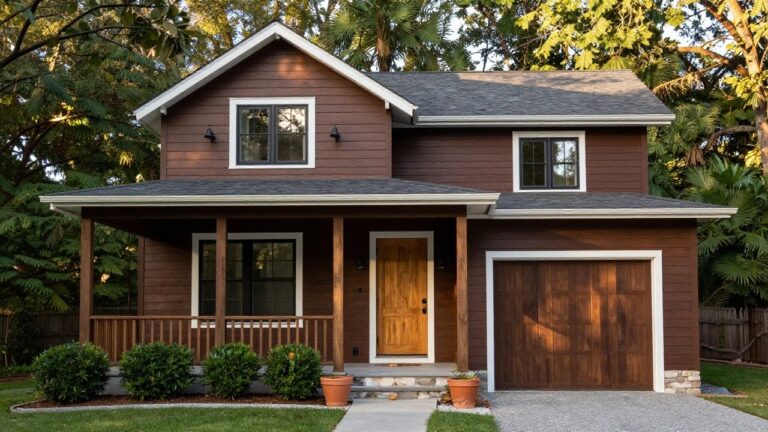 Two-story house exterior with brown vertical wood siding, white trim, black-framed windows, wooden front door and garage door, stone foundation accents, potted plants near entry, gravel driveway, and low shrubs along the front.