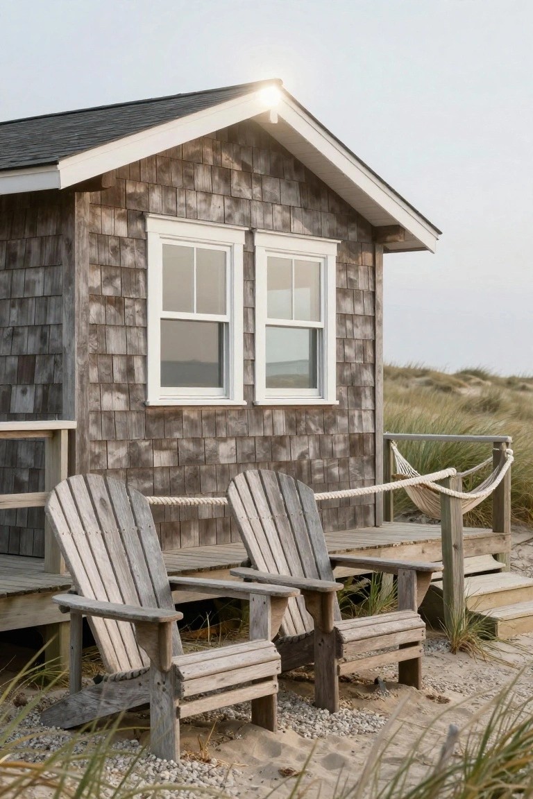 A small cottage with gray-brown shingle siding, white-framed double windows, and a wooden deck holding two Adirondack chairs, positioned near sand dunes and beach grass.
