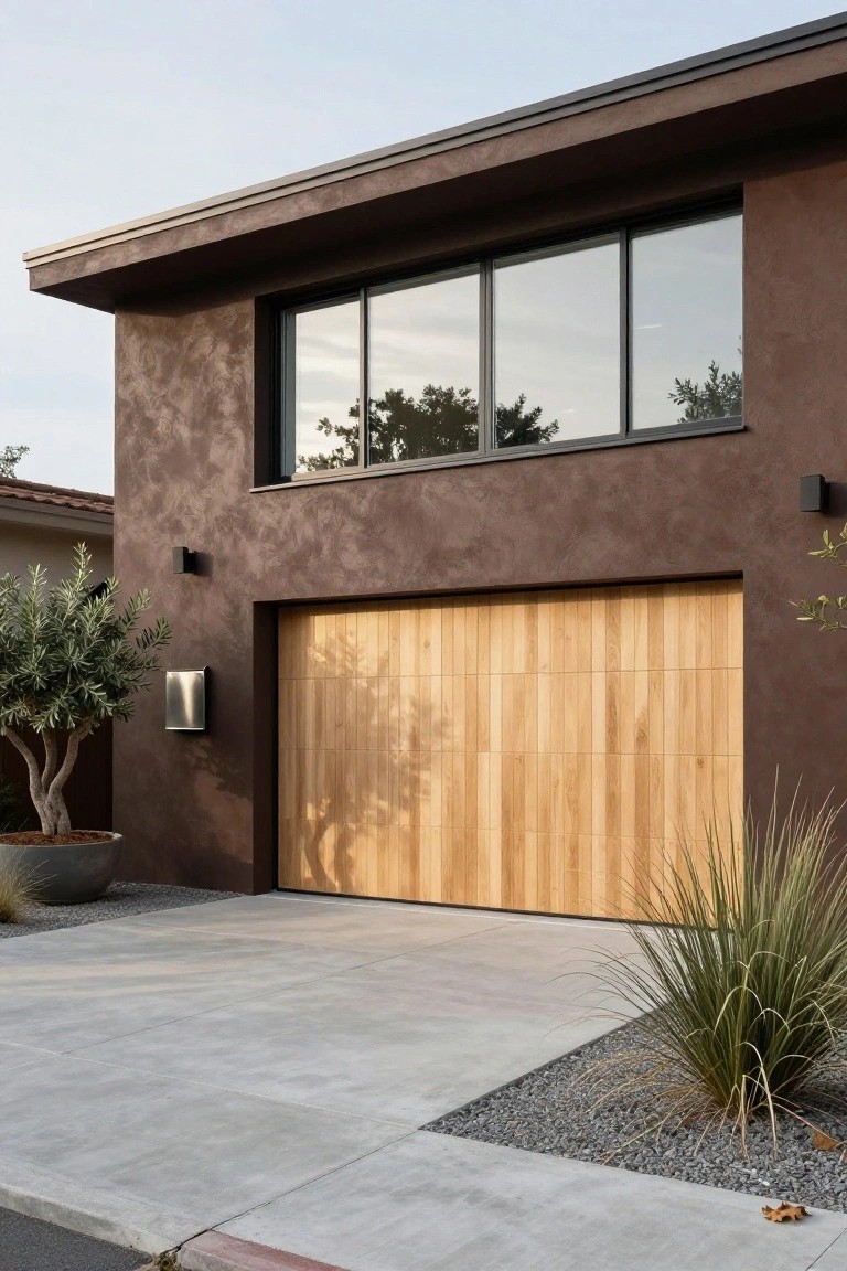 Single-story modern house exterior with textured brown stucco walls, large horizontal window, slatted wooden garage door, potted olive tree, and gravel landscaping on a concrete driveway.