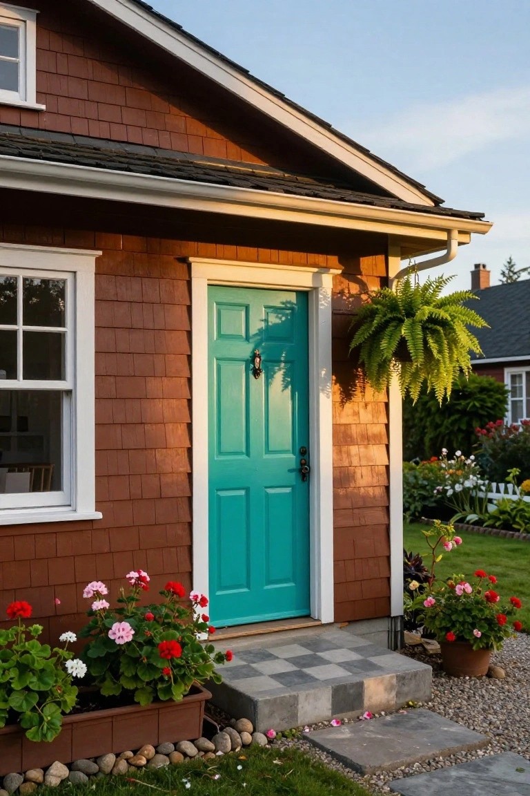 Reddish-brown shingled house exterior with turquoise paneled front door, brass knocker, white-trimmed window, geranium pots on left, hanging fern plant, and checkered concrete entry steps with gravel and plants around.