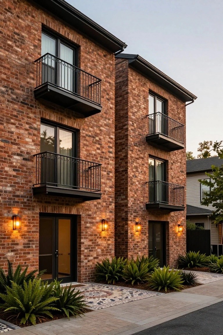Two-story brick house exterior with black metal balconies, window frames, and entry doors, lit by wall lanterns, with ferns and a mosaic tile pathway in front.