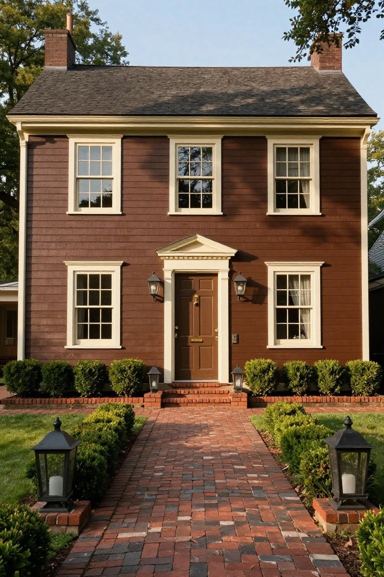 Two-story house with dark brown horizontal clapboard siding, cream trim around multi-pane windows and centered front door flanked by lanterns, brick pathway lined with boxwood shrubs and additional lanterns, green lawn and trees in background.