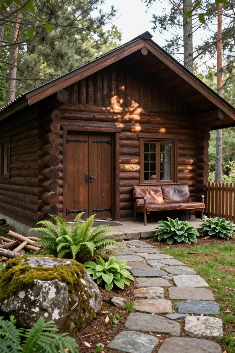 Small log cabin with dark brown wood siding and shingled roof, featuring double wooden front doors, a leather bench on the stoop, window beside the entrance, stone path, plants, and mossy rocks in a forested setting.