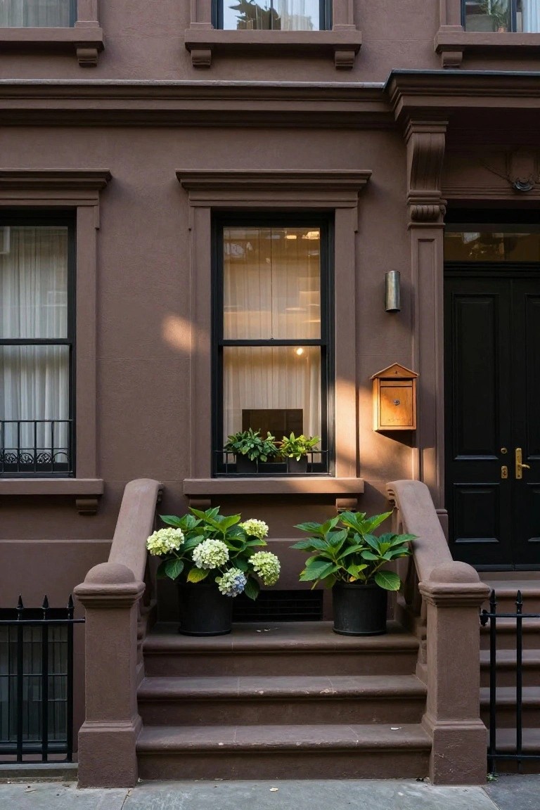 Brown painted brownstone house exterior with stoop steps flanked by potted white hydrangeas, black front door, white-trimmed windows, and plants on the window sill.