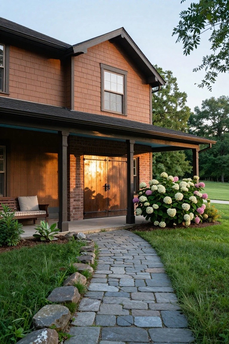 Two-story house with warm brown shingle siding, covered porch supported by wooden posts, double wooden barn-style doors, brick foundation, stone walkway, and large hydrangea bushes in the yard.