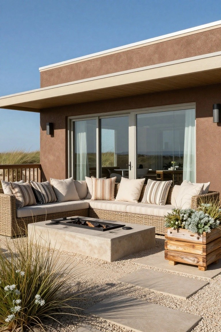 Brown stucco wall of a house with beige trim and sliding glass doors next to an outdoor patio with beige wicker sectional sofa, striped pillows, concrete fire table, wooden planter box, gravel ground, stone pavers, grasses, and sand dunes in the background under blue sky.