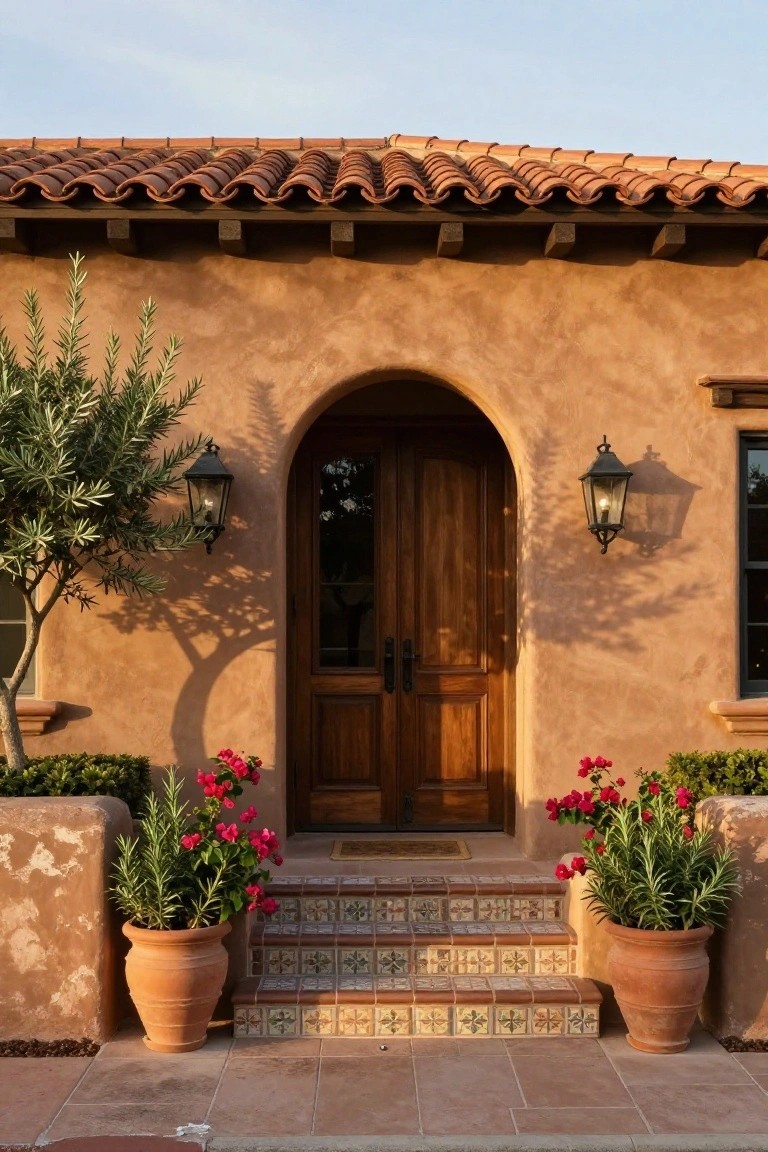 Tan stucco house facade with arched wooden double doors, black lanterns on either side, olive tree and potted red flowers flanking tiled steps leading to the entrance, terracotta roof tiles overhead.