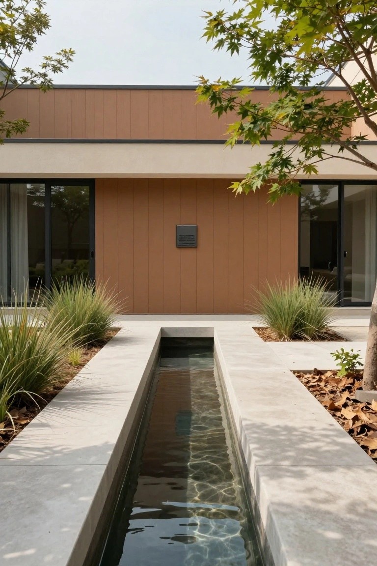 Modern house facade with warm brown vertical wood cladding on the main wall, flanked by beige sections, large dark-framed glass doors, a narrow central water channel pathway with light stone edges, grasses in raised beds, and a tree with autumn leaves nearby.