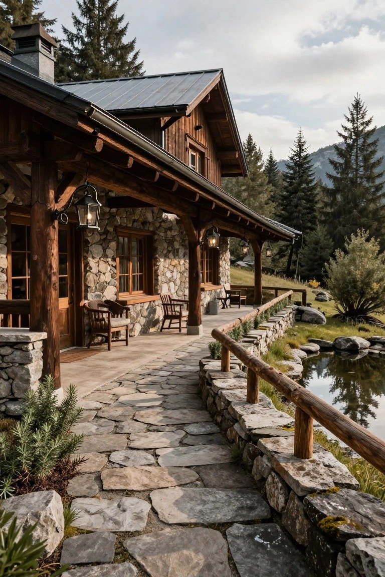 Rustic chalet house with dark brown wood siding and cladding, gray stone foundation, metal roof, wooden porch with chairs, stone path, and small pond surrounded by pine trees and mountains.