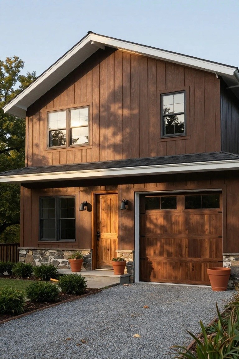 Two-story house exterior with brown vertical wood siding, white trim, black-framed windows, wooden front door and garage door, stone foundation accents, potted plants near entry, gravel driveway, and low shrubs along the front.