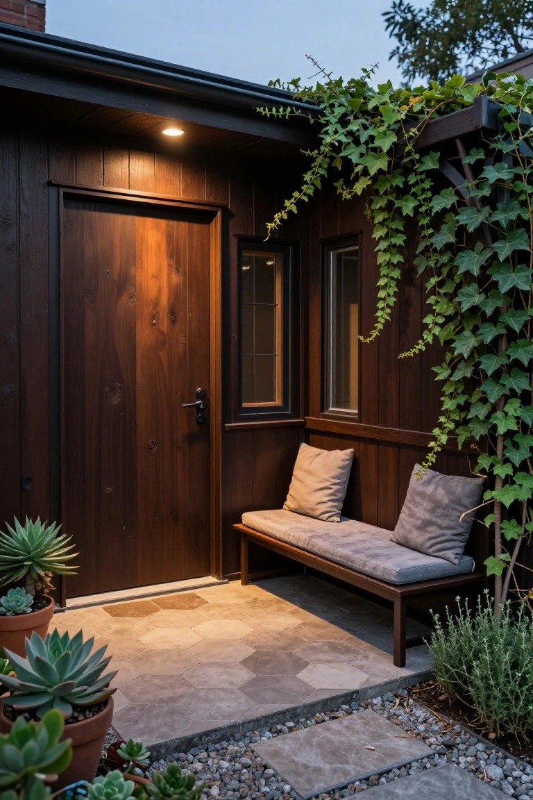 Close-up of a house exterior entryway featuring dark brown vertical wood siding, a wooden door, small window, built-in bench with cushions, climbing ivy, potted succulents, and hexagonal tiled porch with gravel edging.