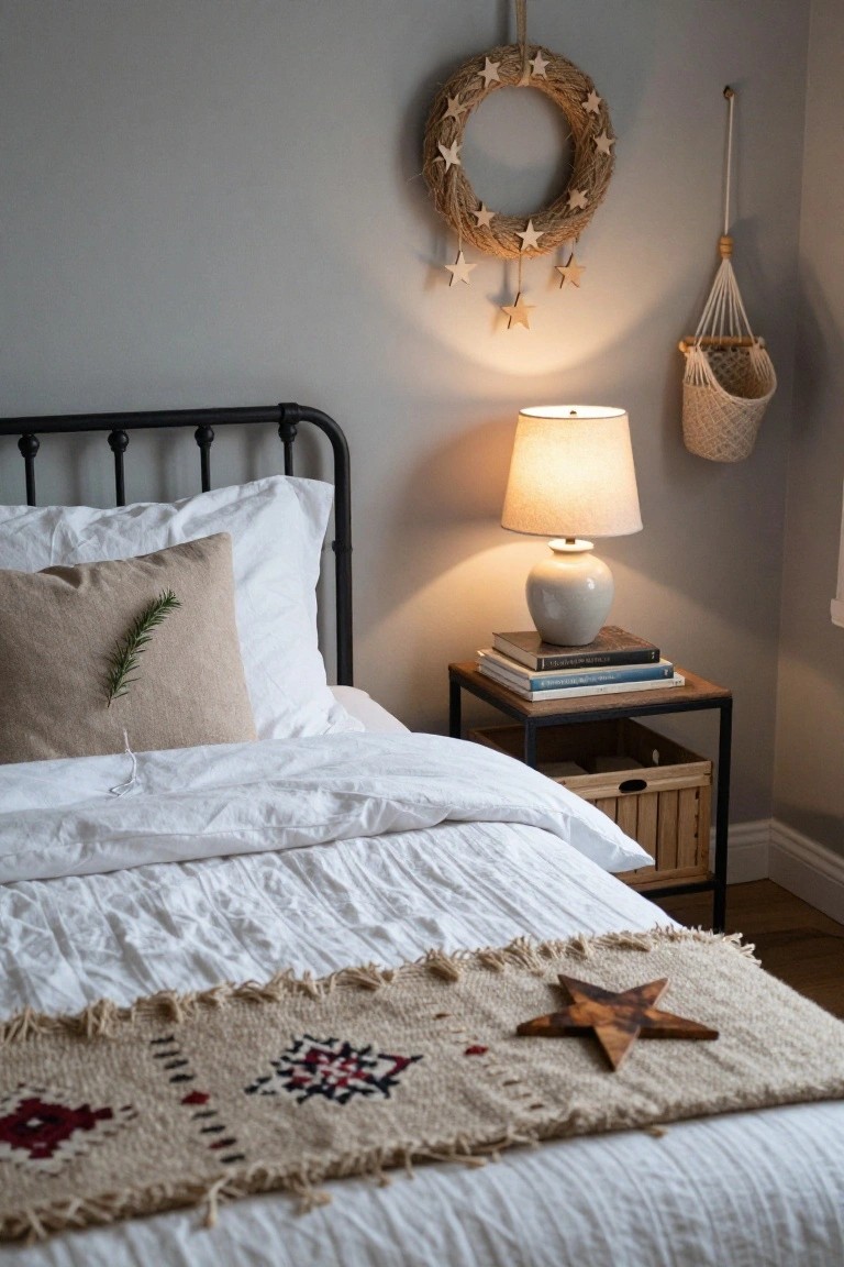 Gray bedroom corner with black metal bed frame, white duvet and pillows including tan one with rosemary sprig, nightstand holding lamp and book stack, burlap rope wreath with stars on wall, hanging wooden stars, macrame basket, and tan star runner on bed.