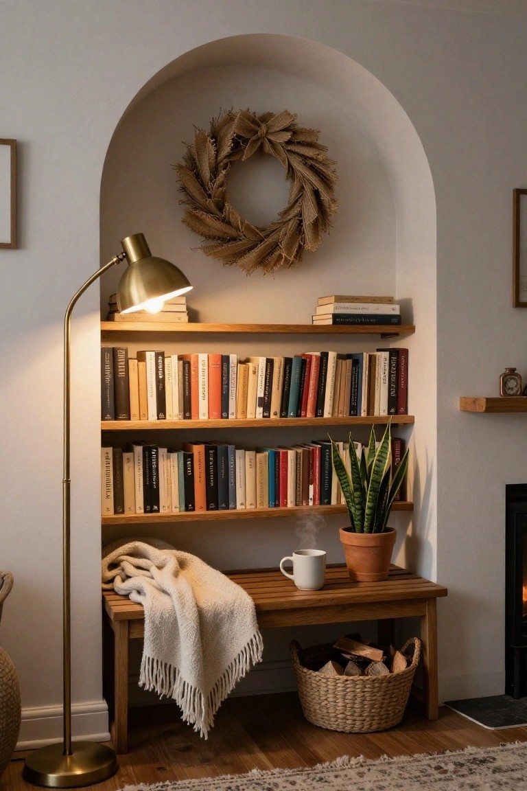 Arched interior niche with wooden bookshelves holding books, a hanging burlap wheat wreath, snake plant on shelf, gold arc floor lamp lit up, wooden bench with white throw blanket and mug, basket of firewood by fireplace on wood floor.