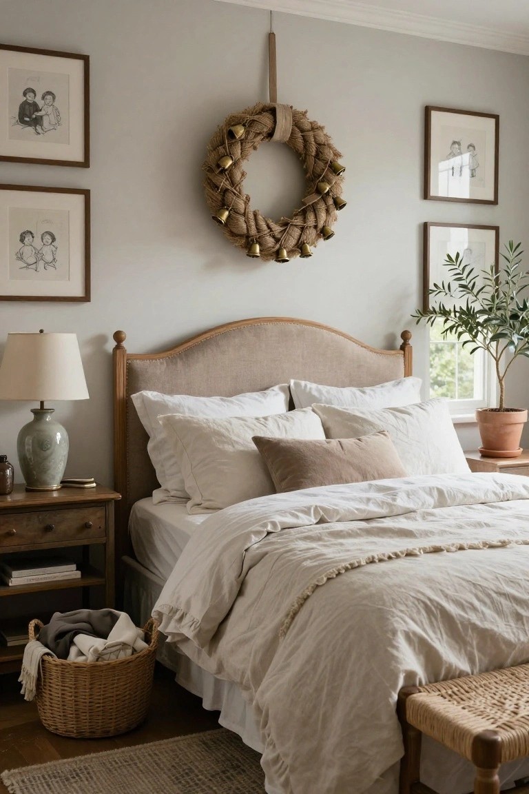 Bedroom with beige upholstered bed, white linens, wood nightstand, burlap wreath with brass bells on gray wall, framed drawings, olive tree in terracotta pot, and wicker basket on floor.
