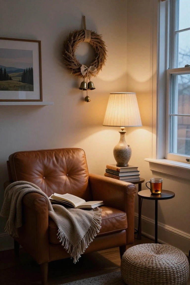 Tan leather armchair with open book and cream knit throw in cozy corner, burlap wheat wreath with bow and bells on wall above, ceramic lamp and stacked books on black side table with glass of tea nearby, rattan footstool on wood floor by window.