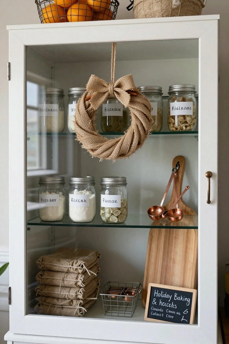 White glass-fronted cabinet displaying jars of baking ingredients like flour, sugar, and nuts, a burlap wreath with bow hanging in the center, copper scoops on a wooden stand, stacked burlap bags, and a small sign reading 